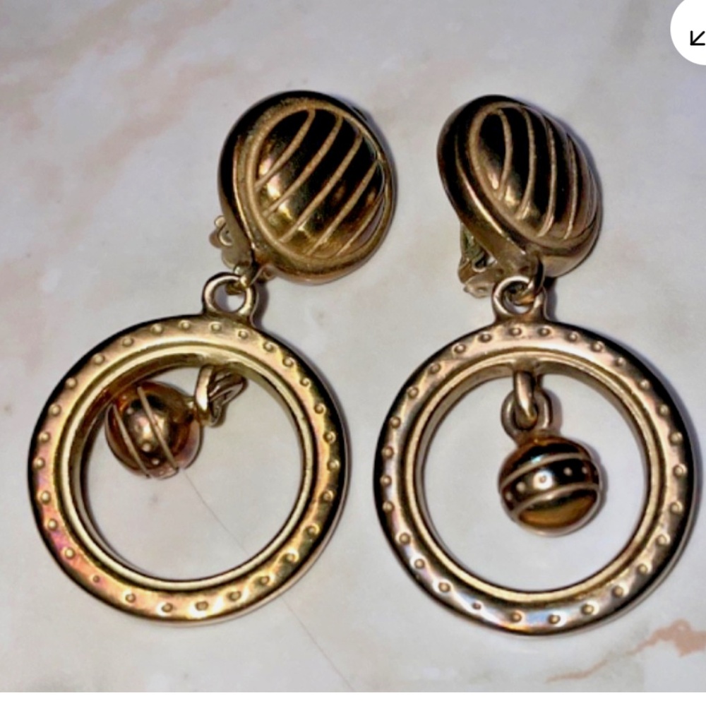 Vintage Gold Tone Drop Dangle Earrings 2" Long Circular Design Statement Jewelry